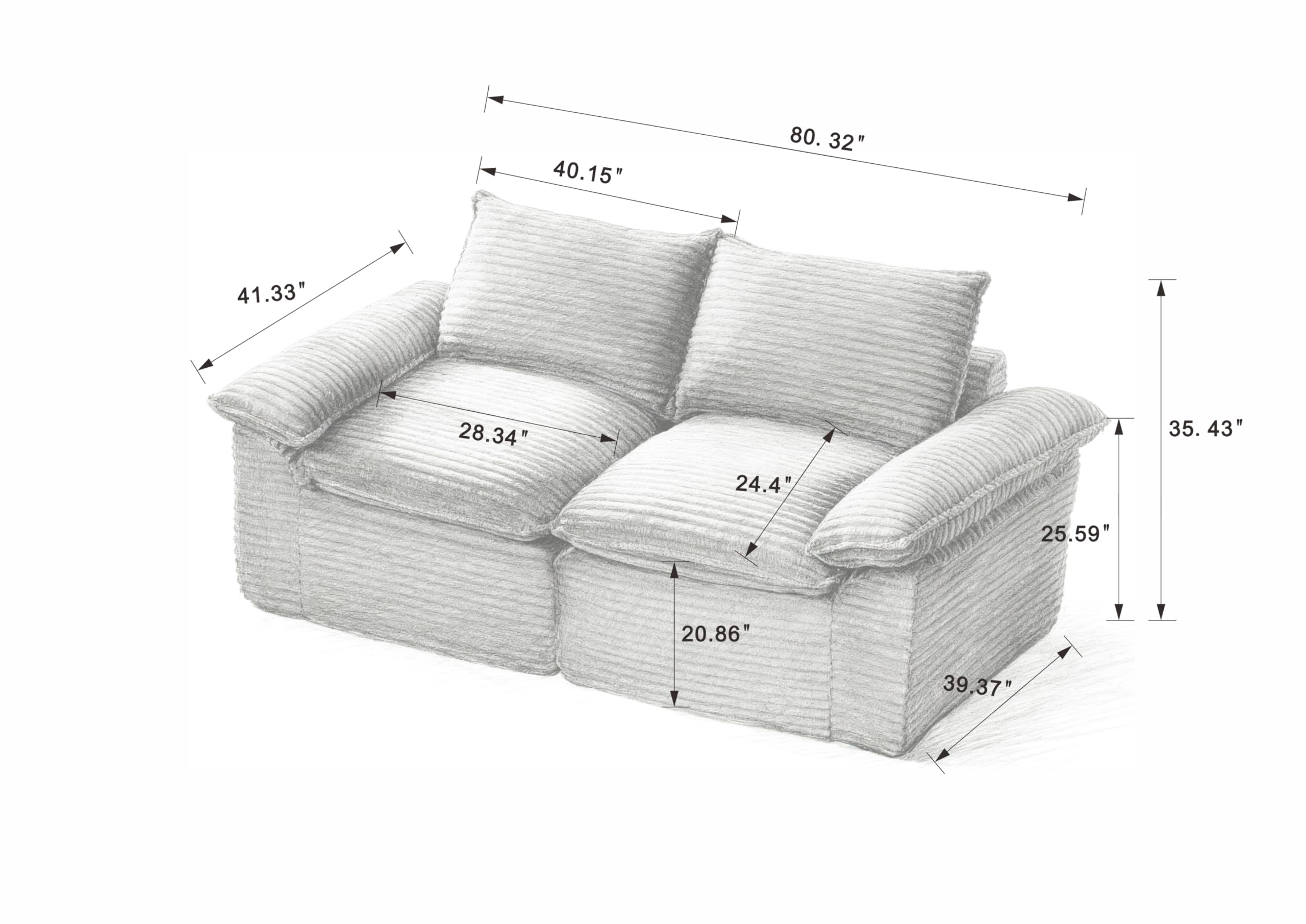 98.4-Inch Oversized Boneless Cloud Couches Deep Seat Foam Sofa Couch with 2 Round Toss Pillows, Luxury Corduroy Upholstered 3 Seat Tufted Loveseat, Cloud Sofa in a Box