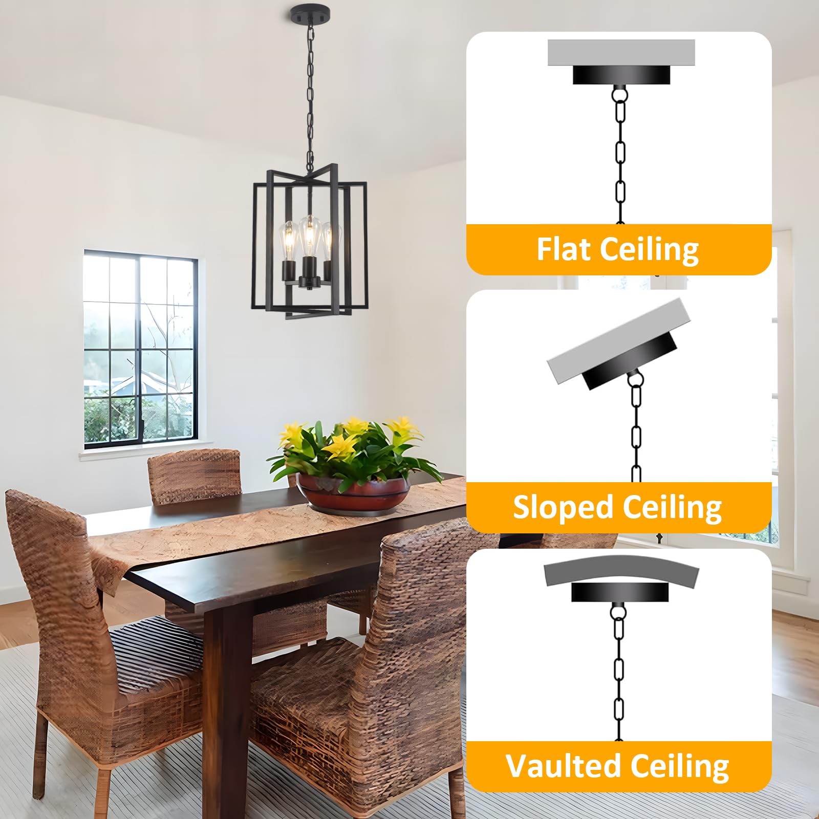 Black Gold Chandelier for Dining Room, Modern Farmhouse 3 Light Entryway Pendant Light Fixture Adjustable Geometric Industrial Rustic Foyer Light for Living Room Kitchen Island Hallway Bedroom