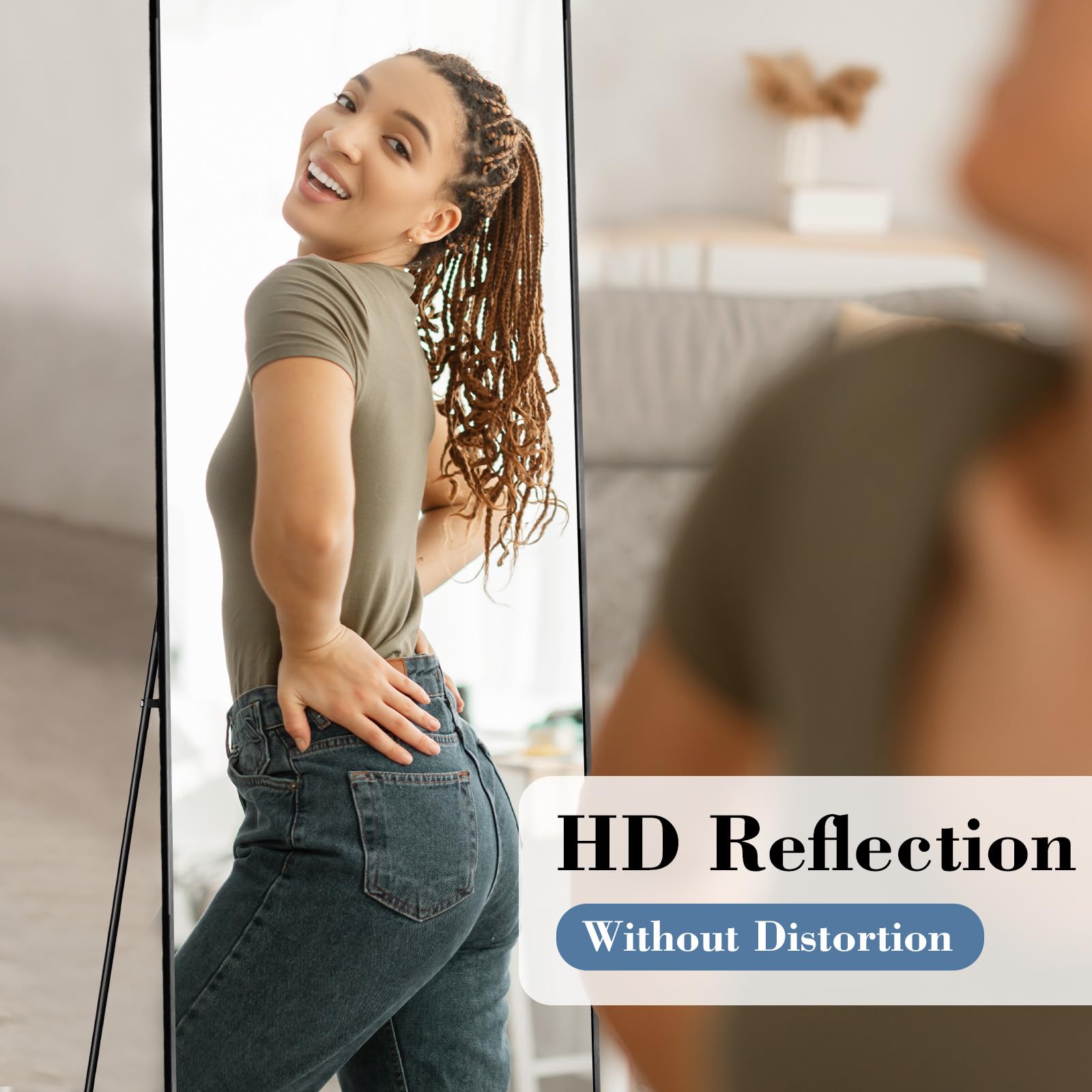 DUMOS Arched Full Length Mirror with Stand 64"x21" Floor Standing Aluminum Frame for Bedroom Body Hanging Leaning Modern Simple Home Decor Shatter-proorf Nano Glass Wall Living Room Cloakroom Black