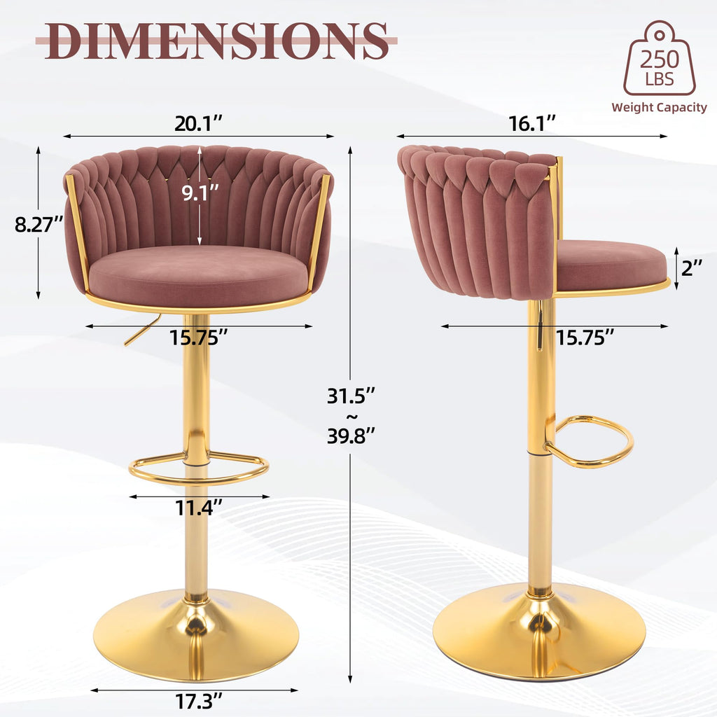 ABET Gold Bar Stool Set of 2, Velvet Swivel Barstools, Height Adjustable Counter Stools with Woven Back, Upholstered Modern Luxury Kitchen Stools with Footrest for Cafe, Pub, Black