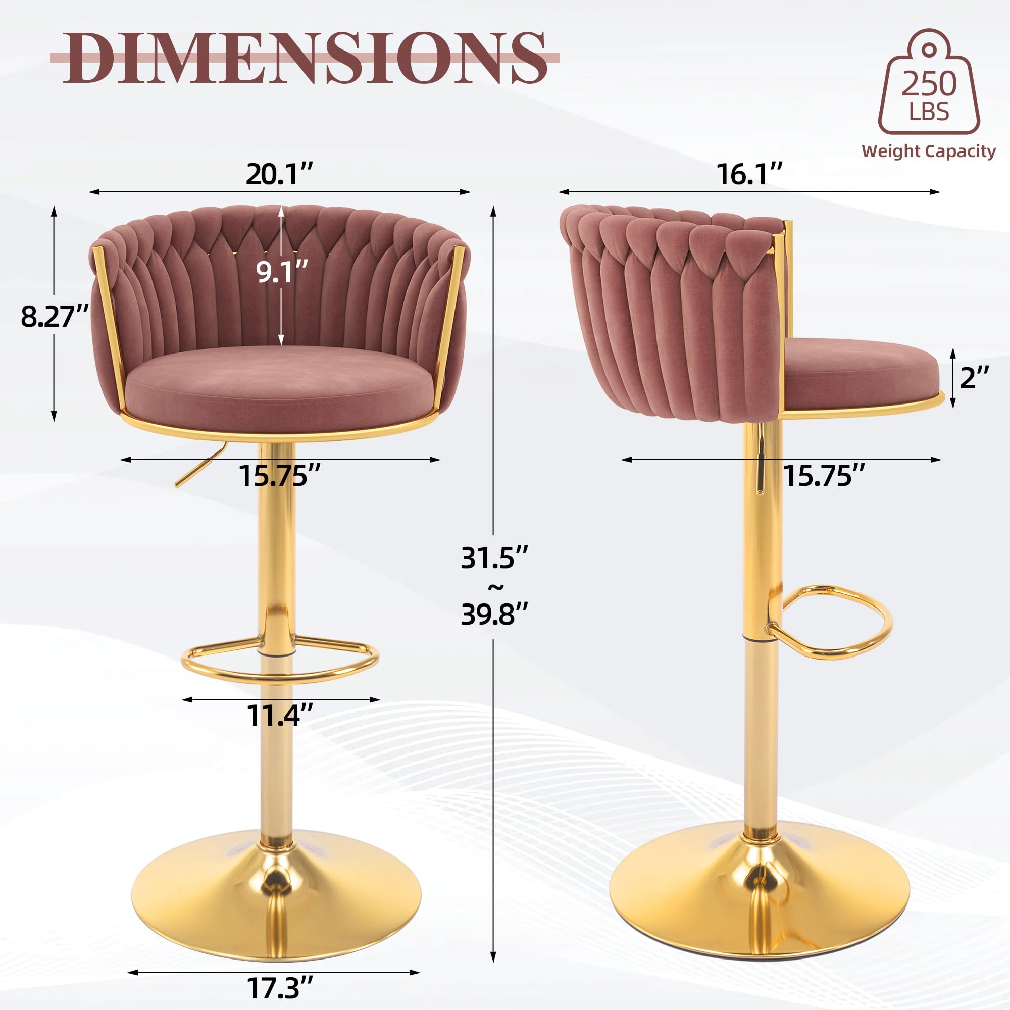 ABET Gold Bar Stool Set of 2, Velvet Swivel Barstools, Height Adjustable Counter Stools with Woven Back, Upholstered Modern Luxury Kitchen Stools with Footrest for Cafe, Pub, Black