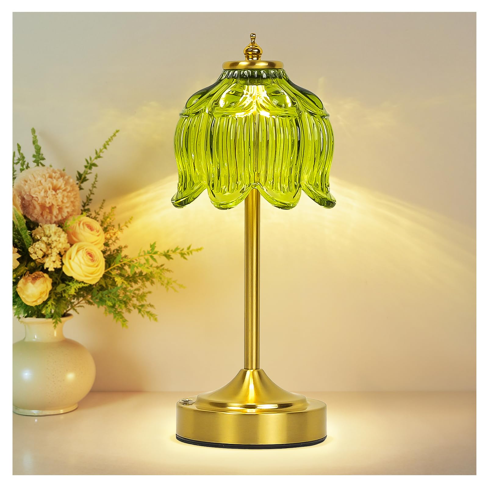 Cordless Lotus Flower Table Lamp, 5200mAh Rechargeable Battery Operated Portable Lamp, 3-Color Dimmable Touch Control Small Desk Lamp for Bedroom, Office, Kitchen, Nightstand,Room Decor (Flower Amber)