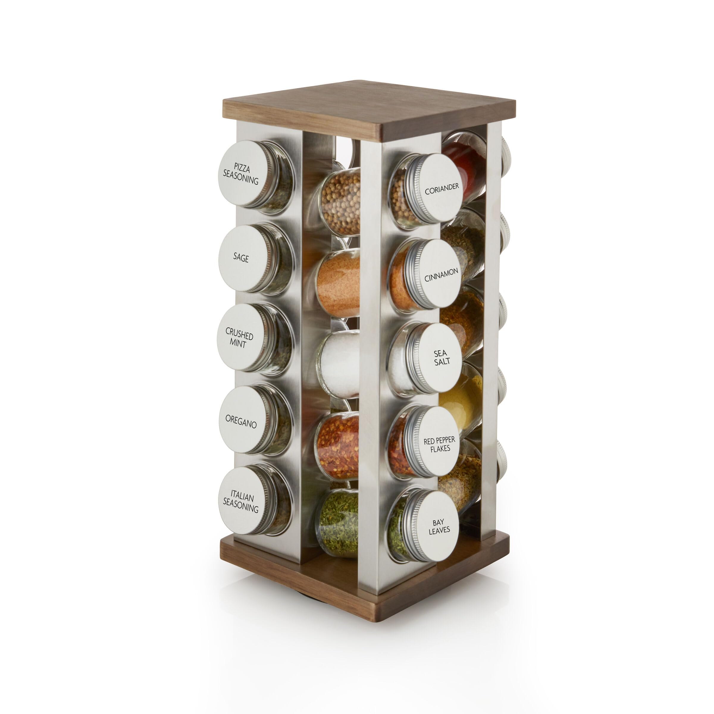 Kamenstein 20 Jar Revolving Countertop Spice Rack with Spices Included, FREE Spice Refills for 5 Years, Polished Stainless Steel with Black Caps, 30020