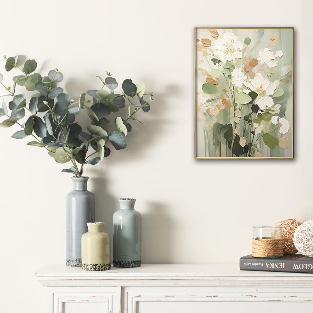 Vintage Vase Set of 3, Ceramic Vintage Flower Vases, Chinoiserie Decorative Home Decor Retro Floral Vase Rustic Farmhouse Decor for Table Bookshelf Mantel Kitchen Living Room Office - Green and Beige