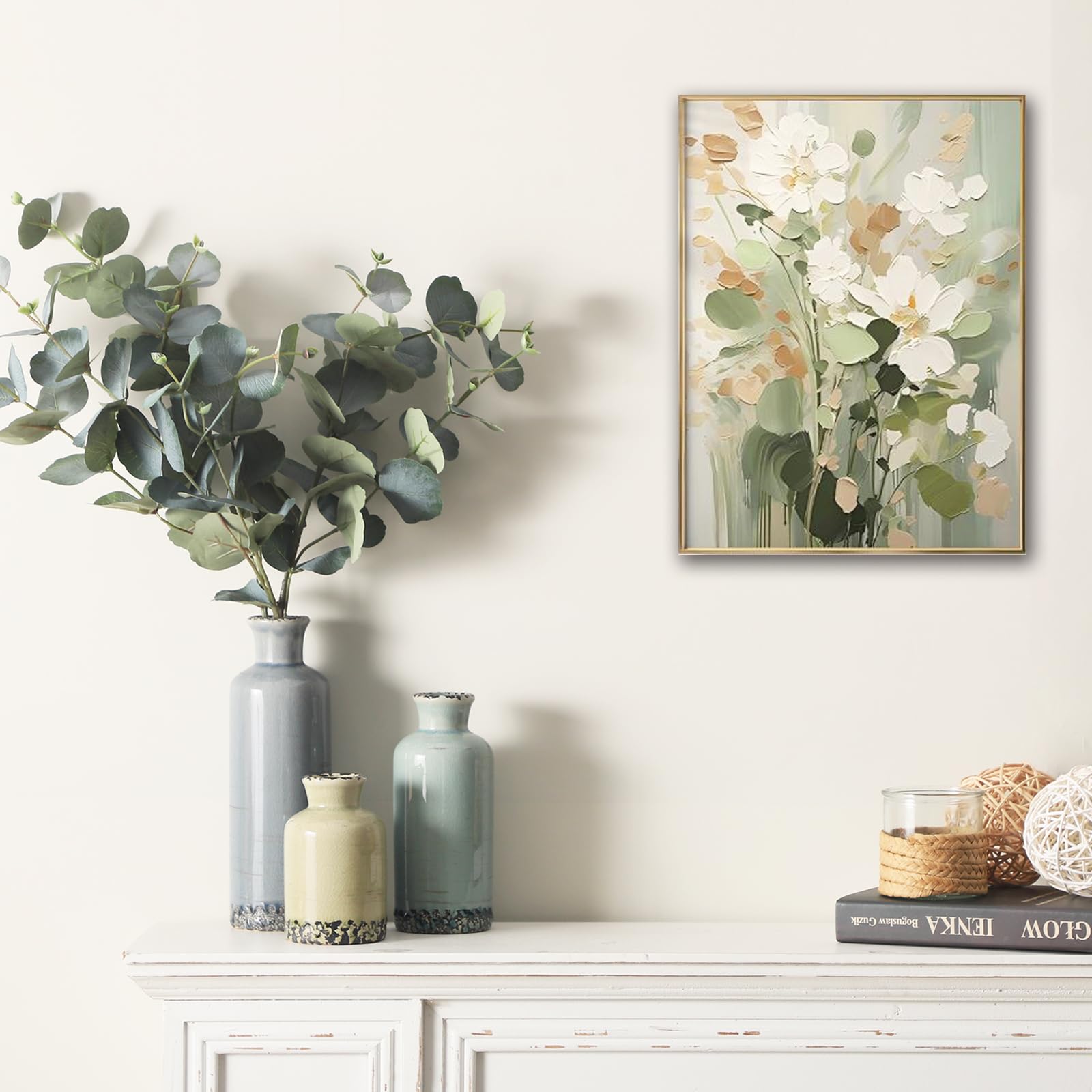 Vintage Vase Set of 3, Ceramic Vintage Flower Vases, Chinoiserie Decorative Home Decor Retro Floral Vase Rustic Farmhouse Decor for Table Bookshelf Mantel Kitchen Living Room Office - Green and Beige