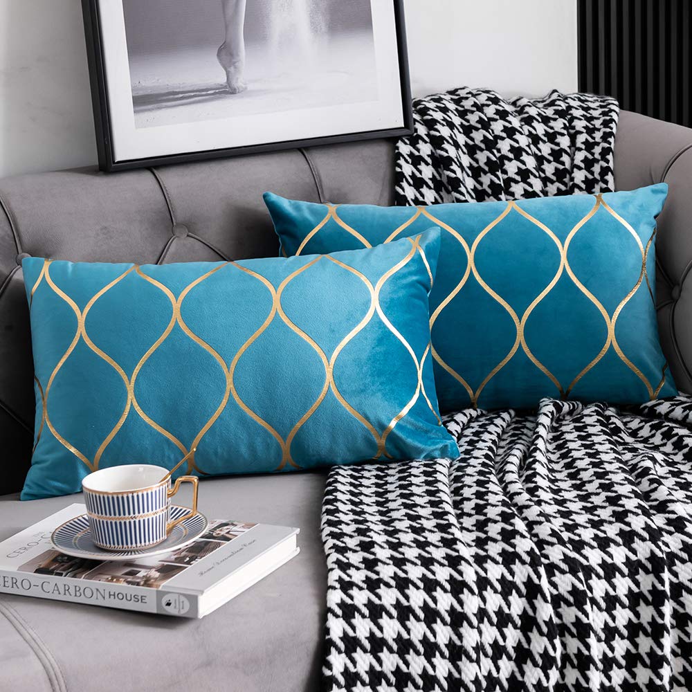 DEZENE 12x20 Inch Gold Velvet Throw Pillow Covers: 2 Pack Rectangular Decorative Pillow Cases for Bedroom Sofa Couch Living Room, Black