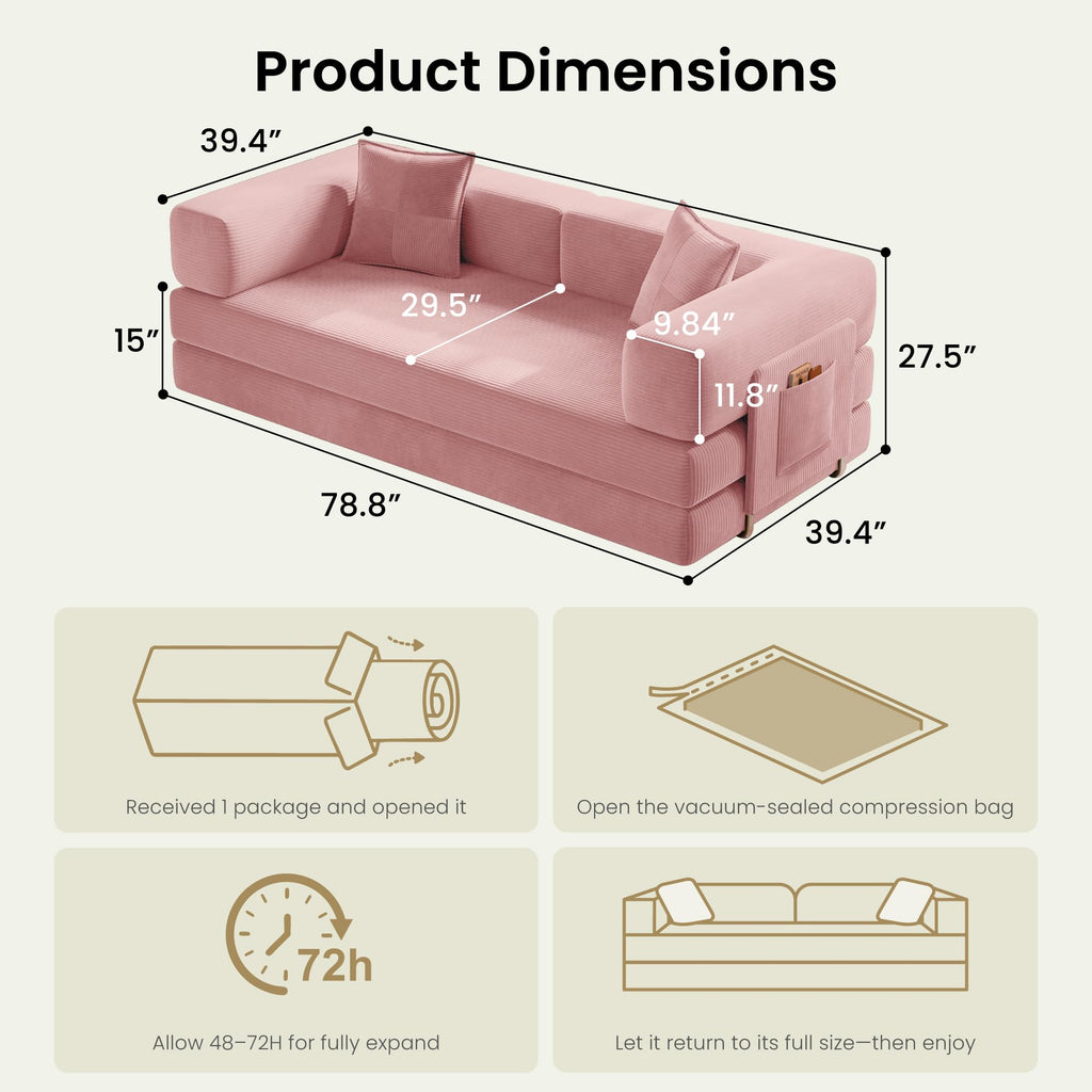 78.8" Convertible Futon Sofa Bed,Corduroy Futon Couch with Storage Pocket,Folding Pull Out Sofa,No Assembly Boneless Couch for Living Room | Pink