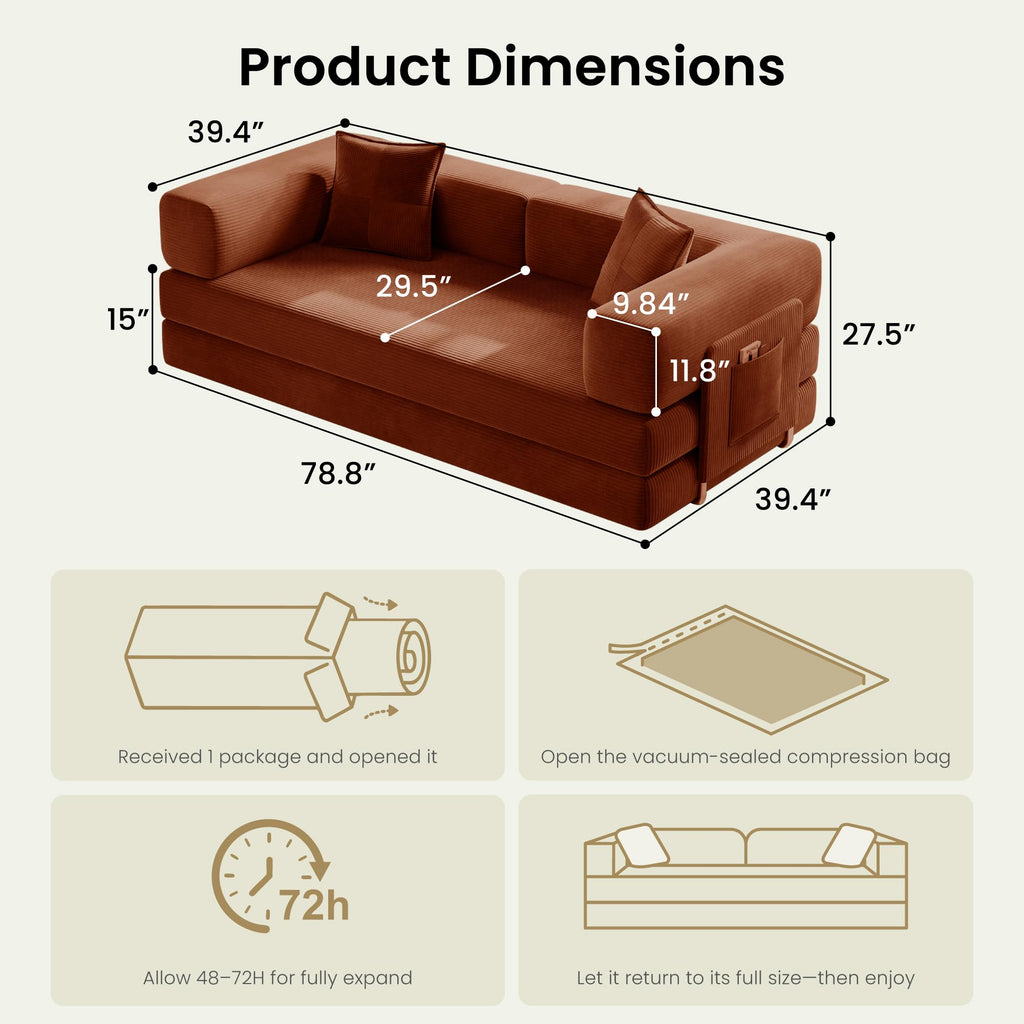 78.8" Convertible Futon Sofa Bed,Corduroy Futon Couch with Storage Pocket,Folding Pull Out Sofa,No Assembly Boneless Couch for Living Room | Pink