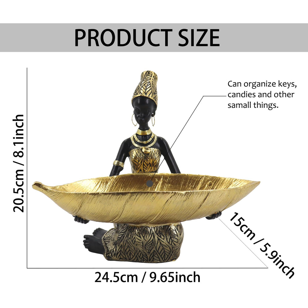 Lescafita African Woman Sculpture with Gold Leaf Bowl, Handmade Resin Figurine, Exotic Tribal Art Statue for Living Room, Dining Table, or Entryway Decoration