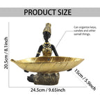 Lescafita African Woman Sculpture with Gold Leaf Bowl, Handmade Resin Figurine, Exotic Tribal Art Statue for Living Room, Dining Table, or Entryway Decoration