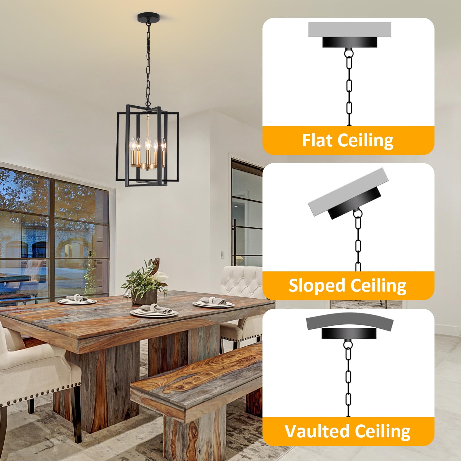 Black Gold Chandelier for Dining Room, Modern Farmhouse 3 Light Entryway Pendant Light Fixture Adjustable Geometric Industrial Rustic Foyer Light for Living Room Kitchen Island Hallway Bedroom