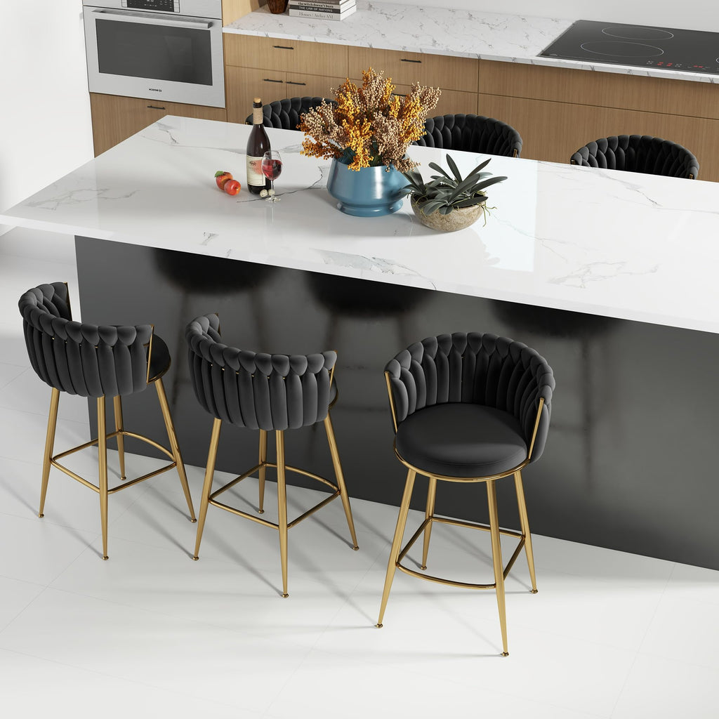 ABET Gold Bar Stool Set of 2, Velvet Swivel Barstools, Height Adjustable Counter Stools with Woven Back, Upholstered Modern Luxury Kitchen Stools with Footrest for Cafe, Pub, Black