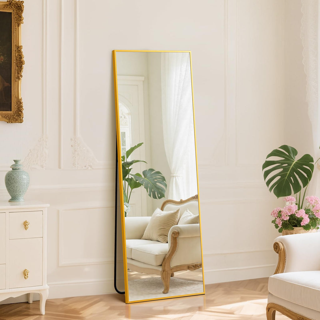 DUMOS Arched Full Length Mirror with Stand 64"x21" Floor Standing Aluminum Frame for Bedroom Body Hanging Leaning Modern Simple Home Decor Shatter-proorf Nano Glass Wall Living Room Cloakroom Black