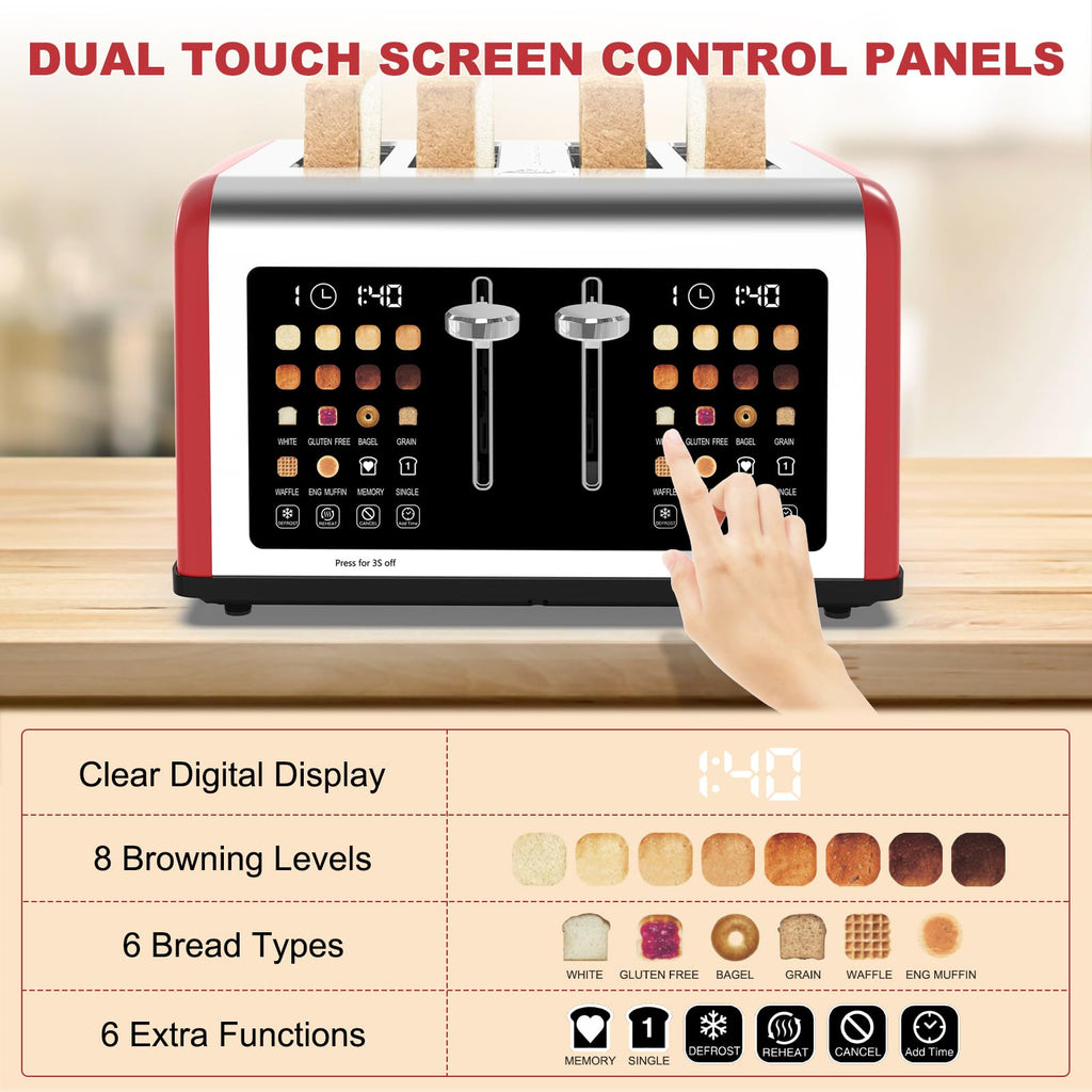 4 Slice Toaster Touch Screen, Stainless Steel Toasters Digital Timer, Dual Control Panel Toasters, 8 Shade Settings 6 Bread Types for Bagel, Cancel, Defrost 1650W
