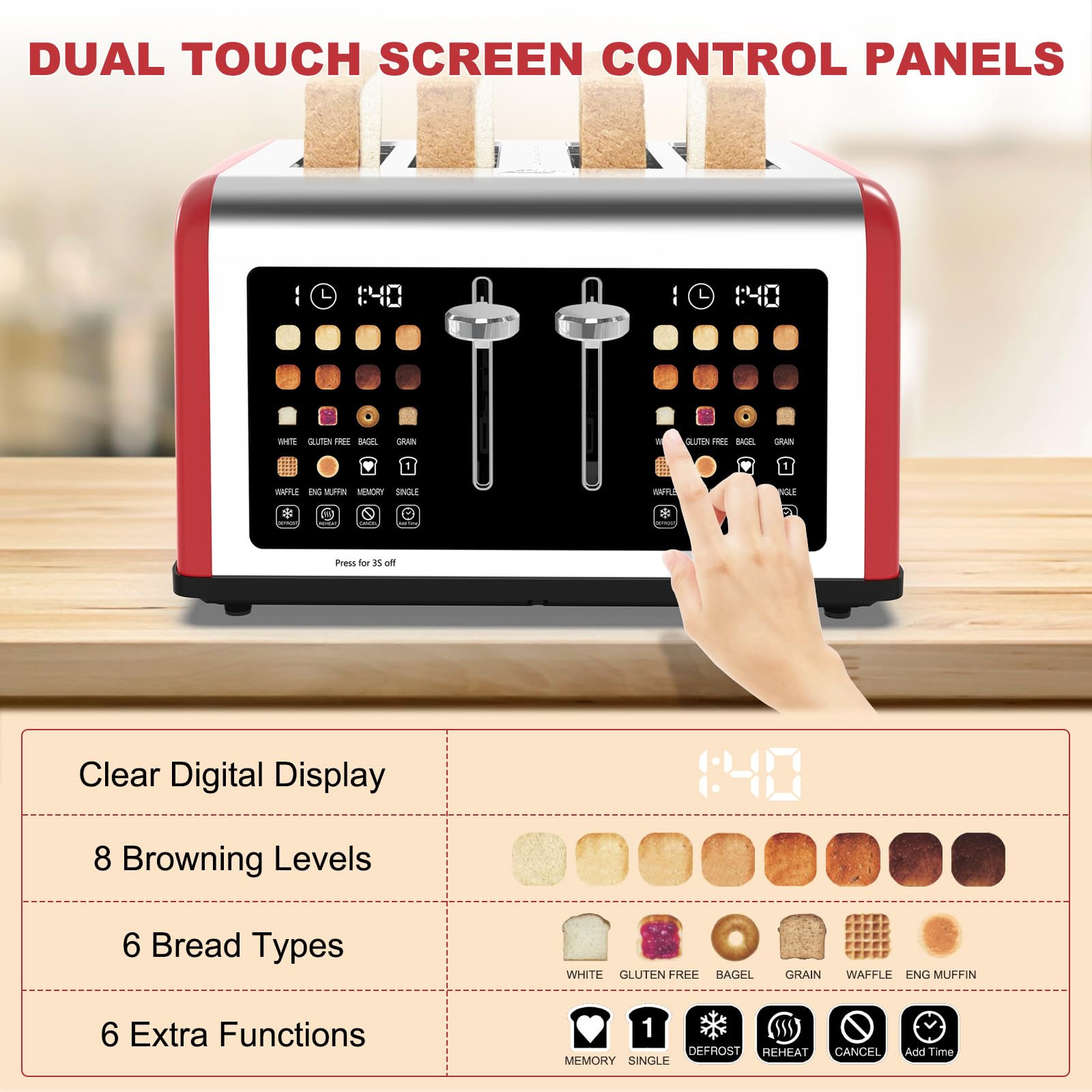 4 Slice Toaster Touch Screen, Stainless Steel Toasters Digital Timer, Dual Control Panel Toasters, 8 Shade Settings 6 Bread Types for Bagel, Cancel, Defrost 1650W