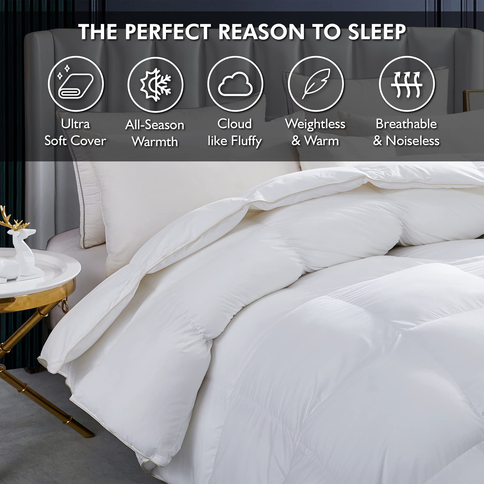 Luxurious White Solid Heavy Weight, Palatial King Size Goose Feathers Down Comforter for Winter Weather, 120 X 98 inches, Premium Baffle Box, 100% Egyptian Cotton Cover, 95 oz. Fill Weight