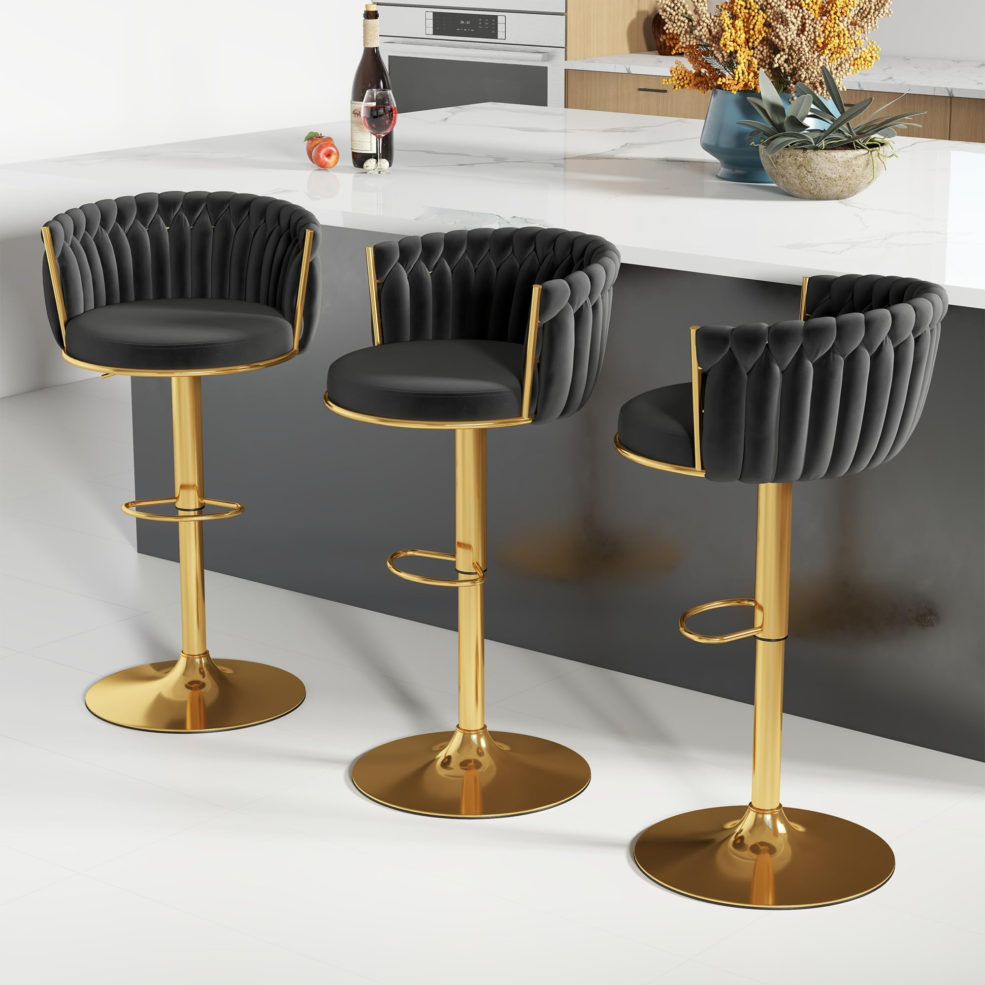 ABET Gold Bar Stool Set of 2, Velvet Swivel Barstools, Height Adjustable Counter Stools with Woven Back, Upholstered Modern Luxury Kitchen Stools with Footrest for Cafe, Pub, Black