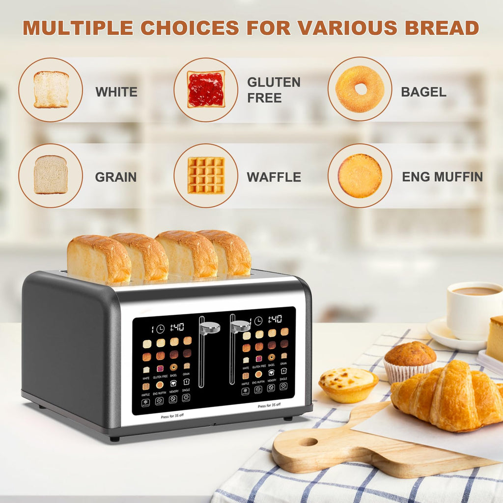 4 Slice Toaster Touch Screen, Stainless Steel Toasters Digital Timer, Dual Control Panel Toasters, 8 Shade Settings 6 Bread Types for Bagel, Cancel, Defrost 1650W