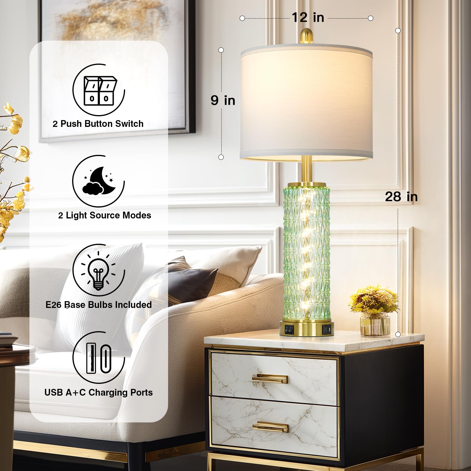 29" Gold Modern Table Lamps Set of 2, 3-Way Dimmable Touch Lamps for Nightstand with USB A+C & Outlets,Brass Lamps for Living Room, Bedroom, Nightstand, Entryway(2 Bulbs Included)