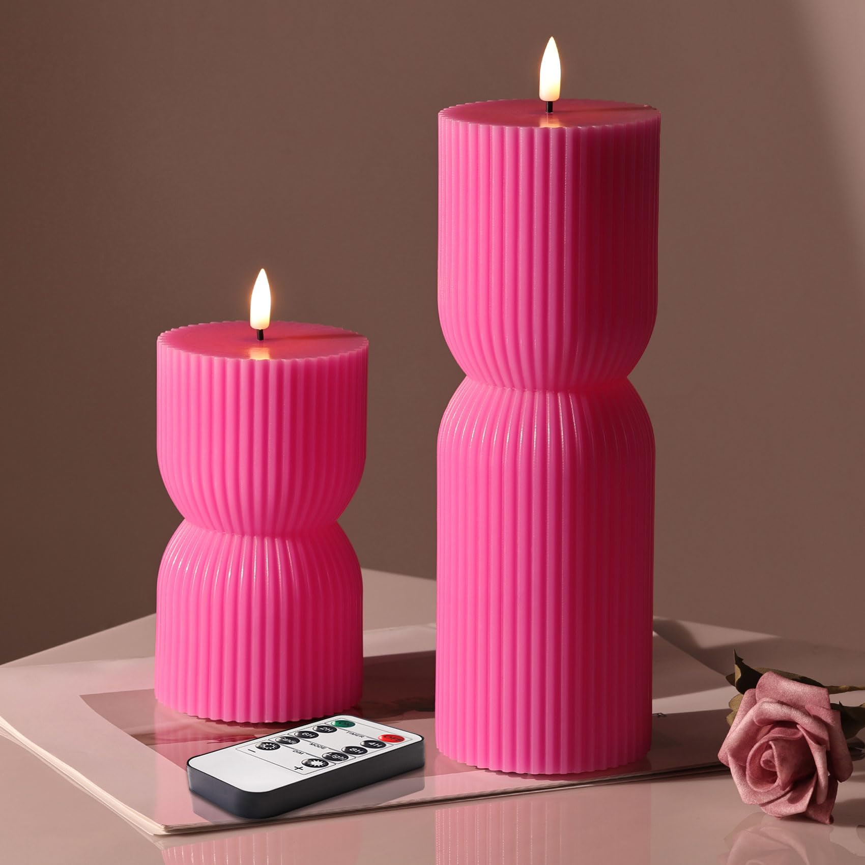 Olive Green Ribbed Flameless Pillar Candles with Remote, LED Candles Battery Operated Flickering Real Wax Set of 2