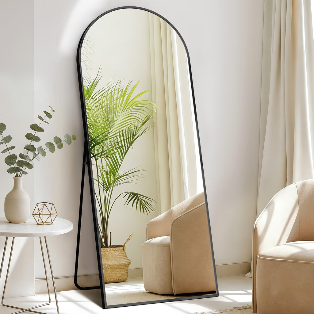 DUMOS Arched Full Length Mirror with Stand 64"x21" Floor Standing Aluminum Frame for Bedroom Body Hanging Leaning Modern Simple Home Decor Shatter-proorf Nano Glass Wall Living Room Cloakroom Black