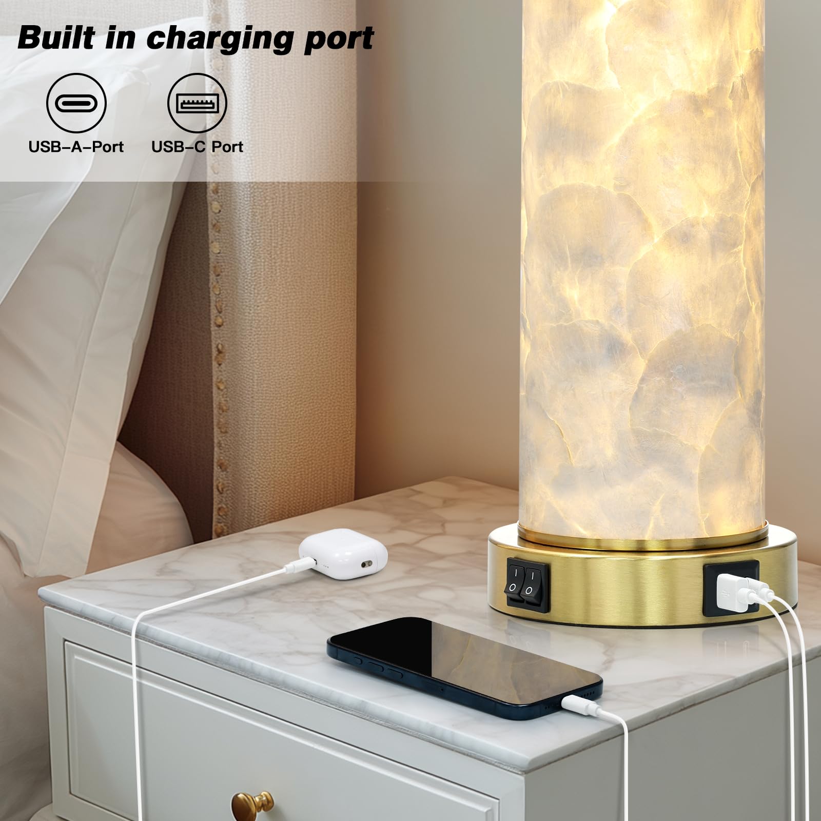 29" Gold Modern Table Lamps Set of 2, 3-Way Dimmable Touch Lamps for Nightstand with USB A+C & Outlets,Brass Lamps for Living Room, Bedroom, Nightstand, Entryway(2 Bulbs Included)