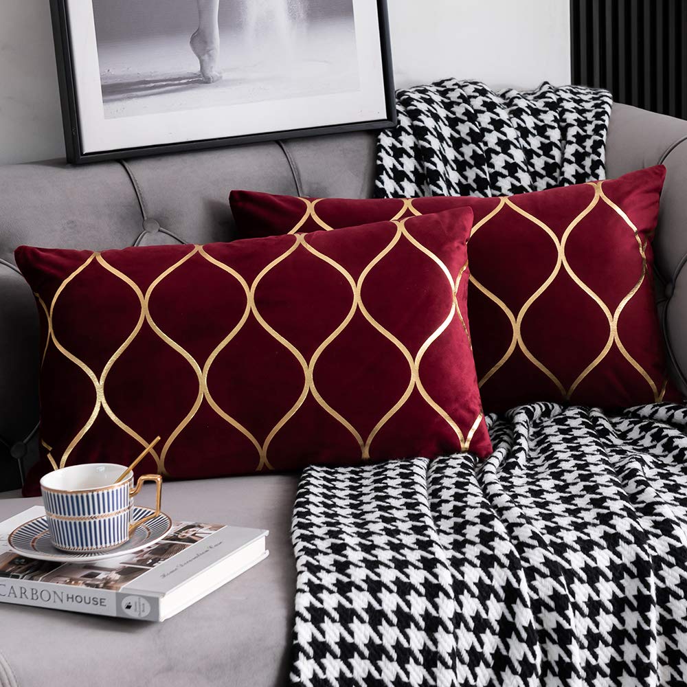 DEZENE 12x20 Inch Gold Velvet Throw Pillow Covers: 2 Pack Rectangular Decorative Pillow Cases for Bedroom Sofa Couch Living Room, Black
