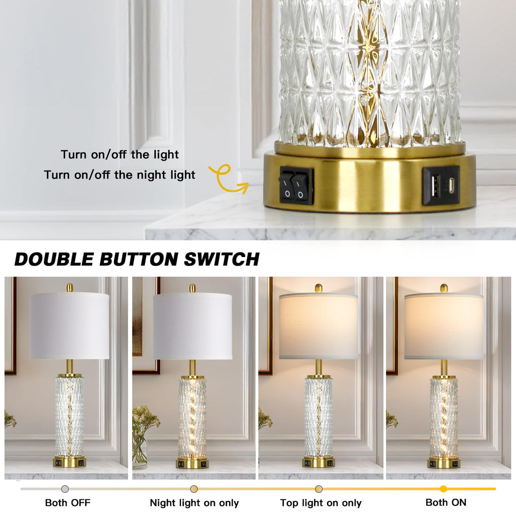 29" Gold Modern Table Lamps Set of 2, 3-Way Dimmable Touch Lamps for Nightstand with USB A+C & Outlets,Brass Lamps for Living Room, Bedroom, Nightstand, Entryway(2 Bulbs Included)