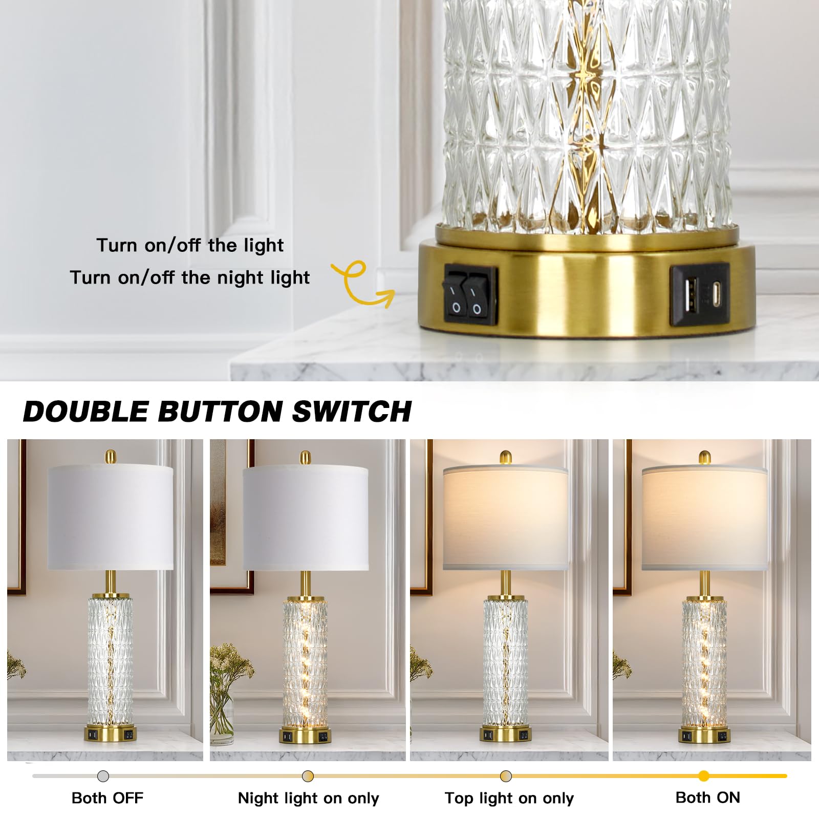 29" Gold Modern Table Lamps Set of 2, 3-Way Dimmable Touch Lamps for Nightstand with USB A+C & Outlets,Brass Lamps for Living Room, Bedroom, Nightstand, Entryway(2 Bulbs Included)
