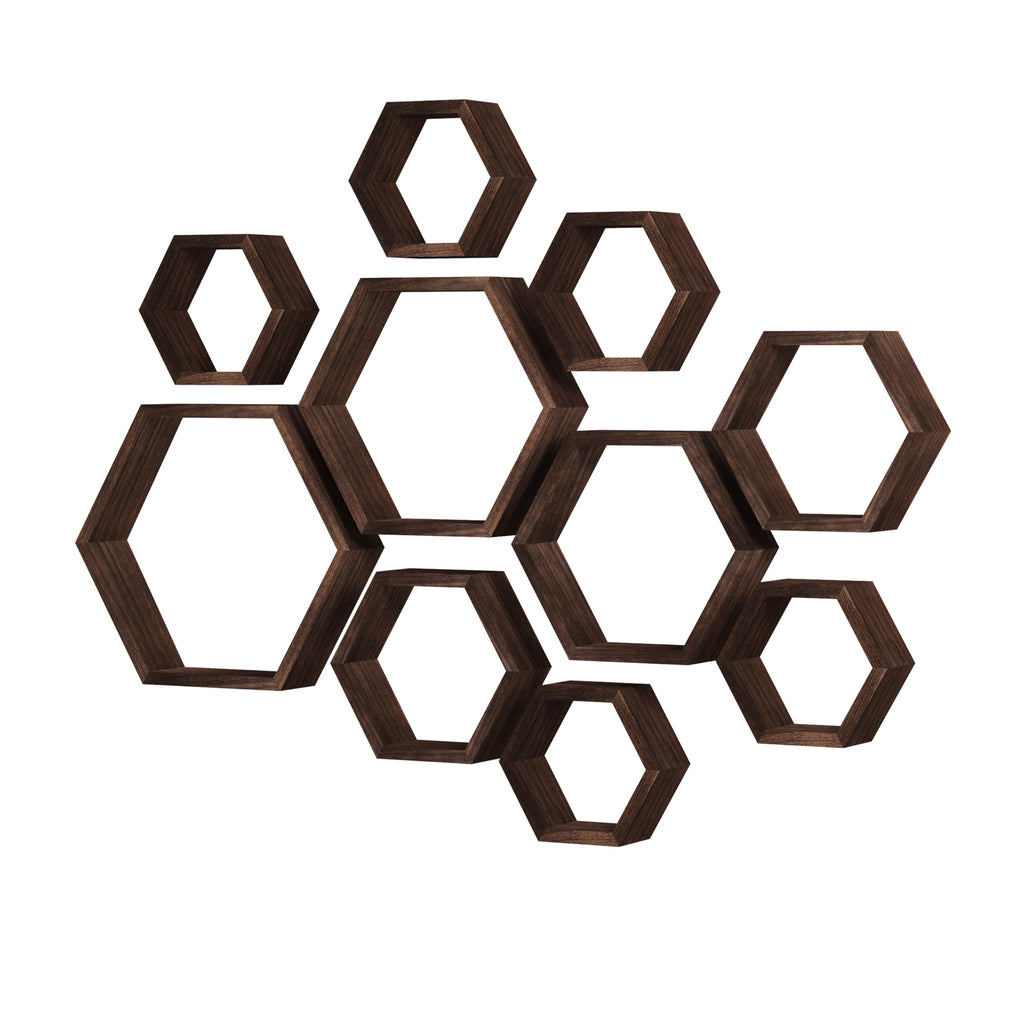 WONFUlity Hexagon Floating Shelves Honeycomb Shelves Wall Mounted Wood Farmhouse Storage Wall Shelf for Bathroom, Kitchen, Bedroom, Living Room,Driftwood Finish Decor,Dark Brwon