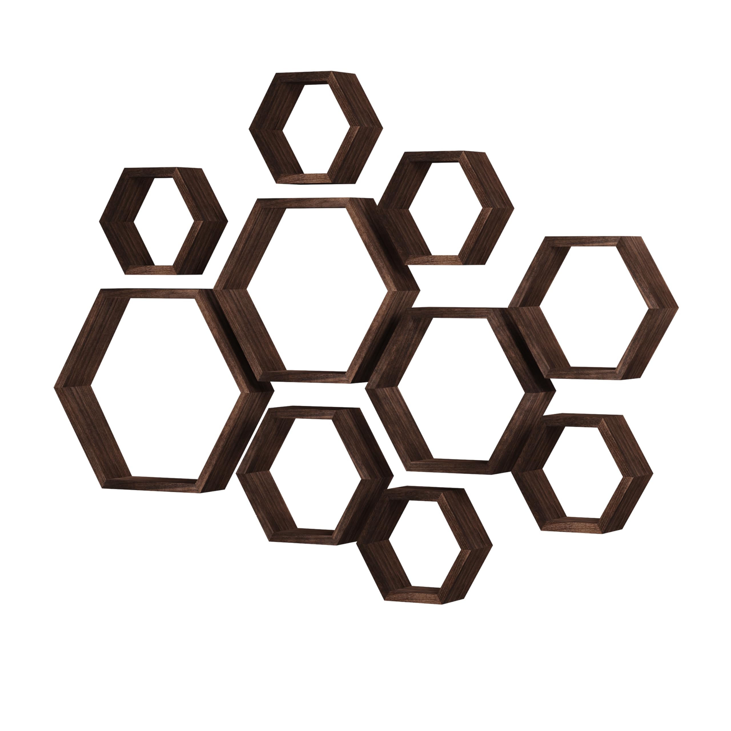 WONFUlity Hexagon Floating Shelves Honeycomb Shelves Wall Mounted Wood Farmhouse Storage Wall Shelf for Bathroom, Kitchen, Bedroom, Living Room,Driftwood Finish Decor,Dark Brwon