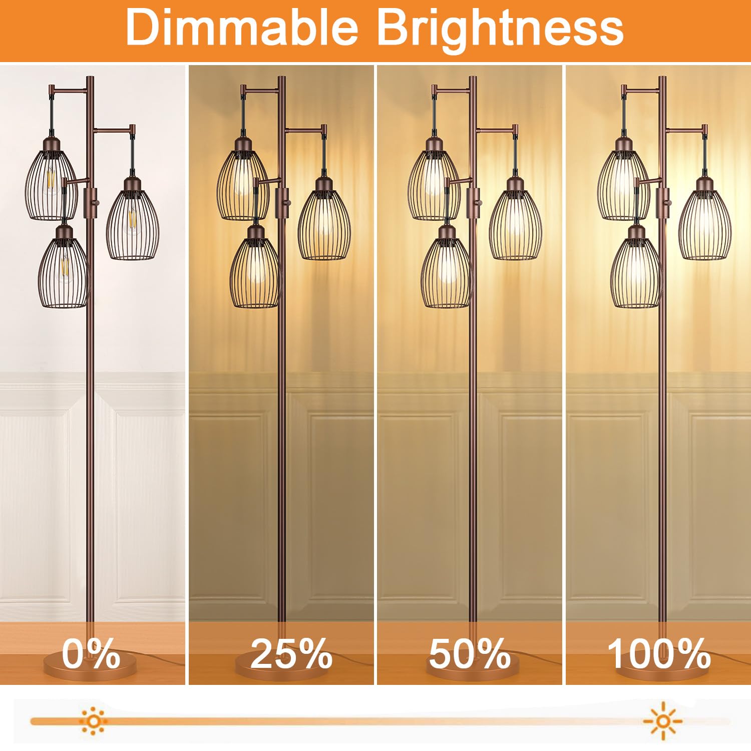Dimmable Floor Lamp, Industrial Floor Lamps for Living Room, Gold Tree Lamp Standing Lamp Tall Lamps with 3 Elegant Teardrop Cage Head & 800 Lumens LED Bulbs for Living room Bedroom Office Dining Room