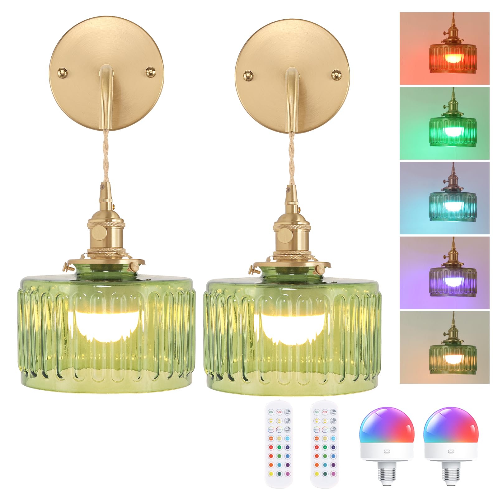 Shenmoyl Vintage Wall Sconce Wall Lamp with Amber Striped Glass Shade Hanging Wall Sconce with 4.9FT Plug in Cord, Modern Wall Lamp Fixtures Decor for Bedside Bedroom Indoor Doorway