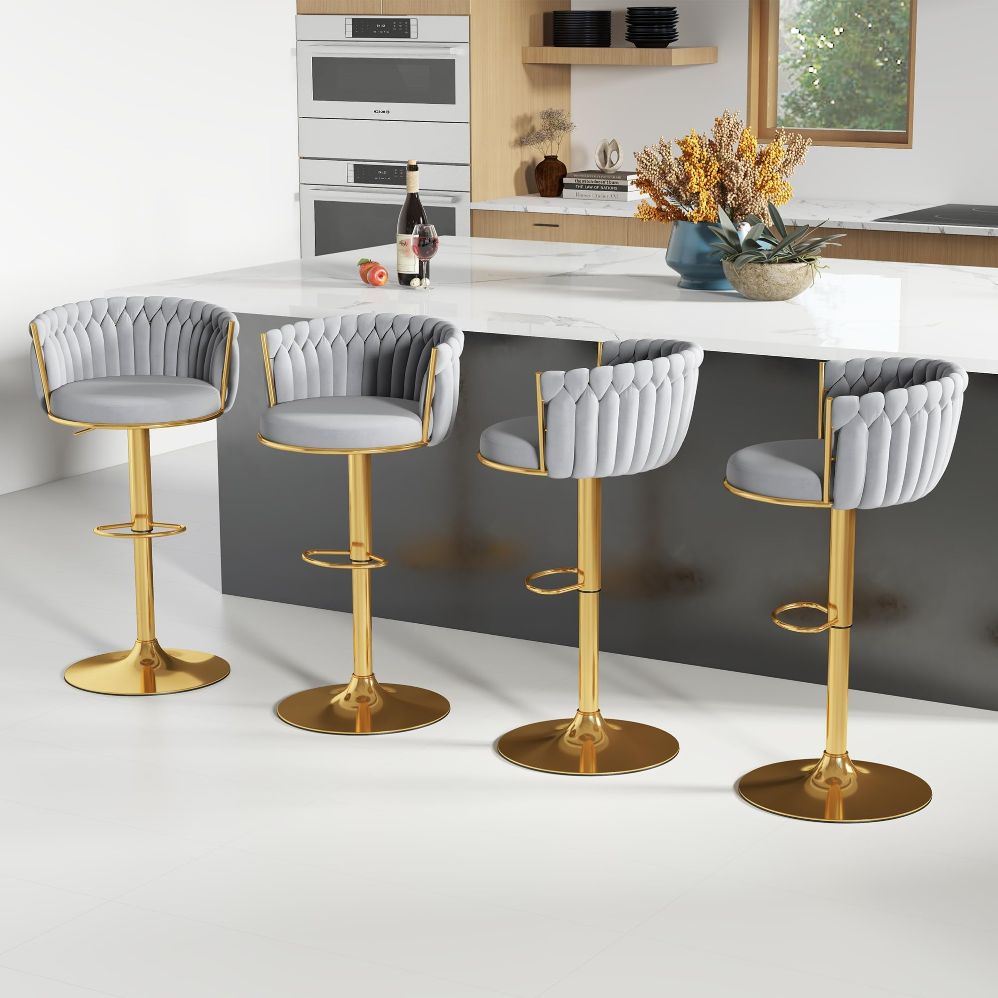 ABET Gold Bar Stool Set of 2, Velvet Swivel Barstools, Height Adjustable Counter Stools with Woven Back, Upholstered Modern Luxury Kitchen Stools with Footrest for Cafe, Pub, Black