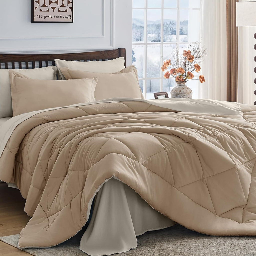 HEVUMYI 7 Pieces Queen Comforter Set, All Season Reversible Bed in a Bag, Ultra Soft Queen Bedding Set with Grey Comforter, Flat Sheet, Fitted Sheet, Pillowcases, Pillow Shams, Dark Grey