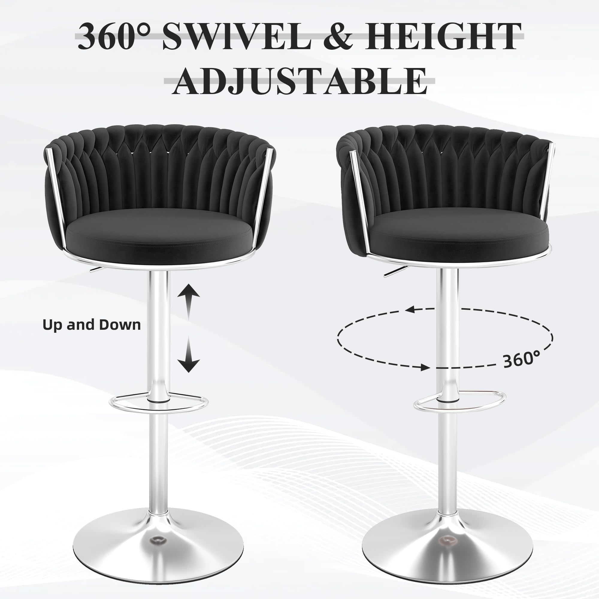 ABET Gold Bar Stool Set of 2, Velvet Swivel Barstools, Height Adjustable Counter Stools with Woven Back, Upholstered Modern Luxury Kitchen Stools with Footrest for Cafe, Pub, Black