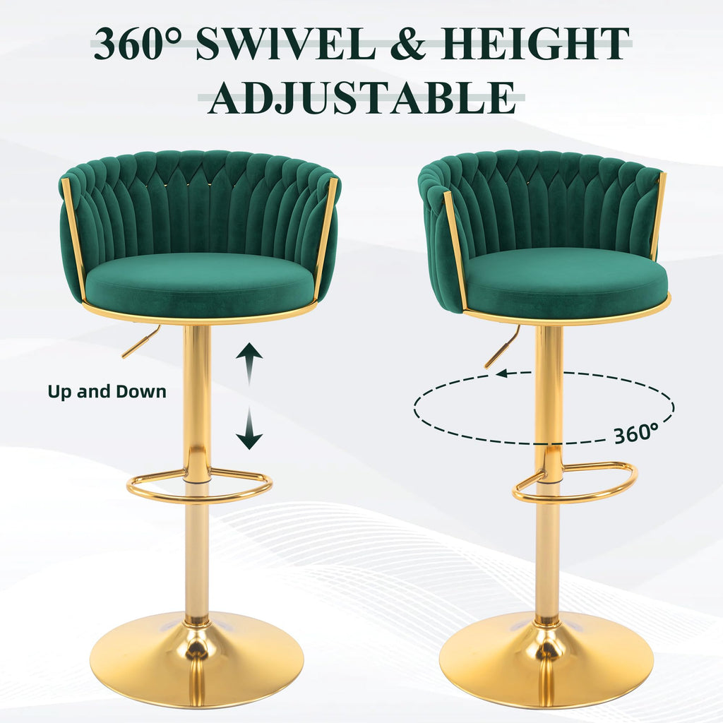 ABET Gold Bar Stool Set of 2, Velvet Swivel Barstools, Height Adjustable Counter Stools with Woven Back, Upholstered Modern Luxury Kitchen Stools with Footrest for Cafe, Pub, Black