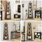 BON AUGURE 5-Tier Corner Ladder Shelf Stand, Black Metal Wood Corner Bookshelf, Narrow Tall Display Bookcase Shelving Unit for Living Room, Home Office, Small Space (Rustic Oak)