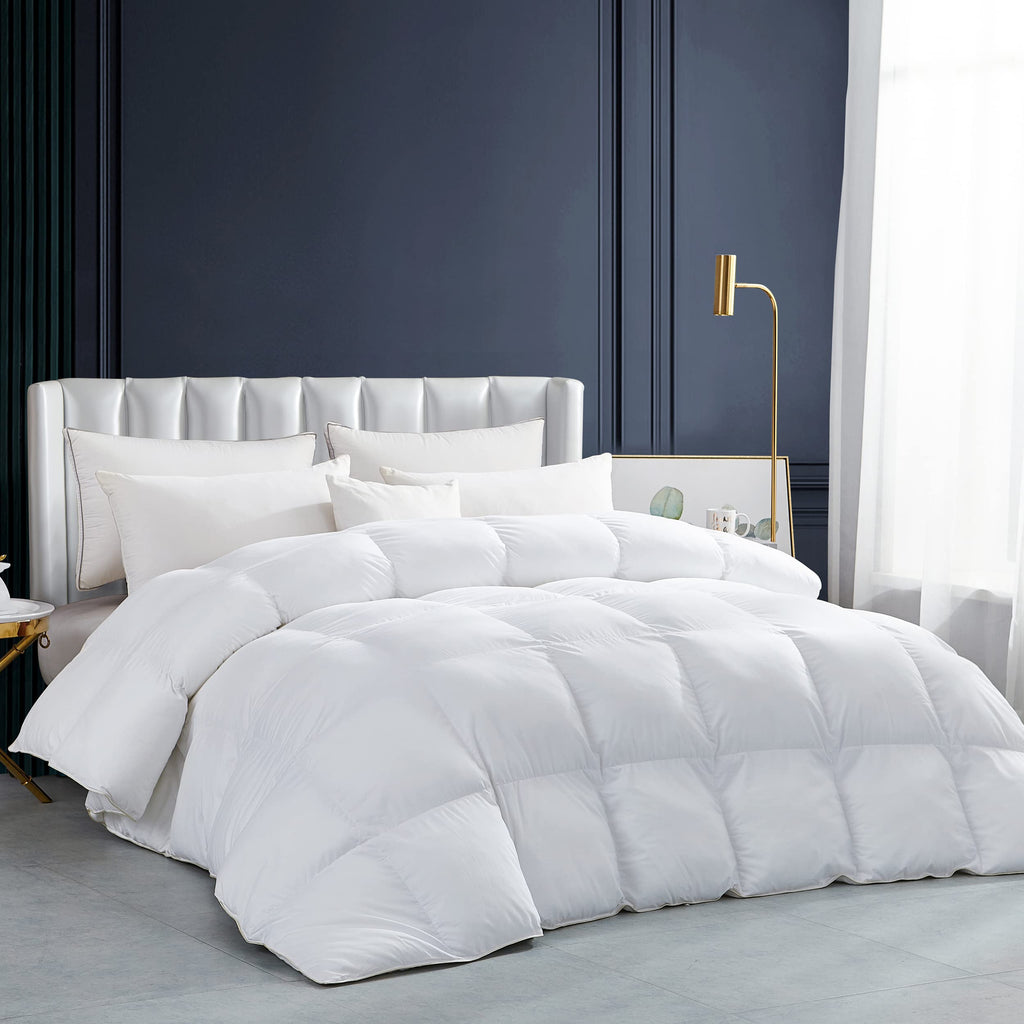 Luxurious White Solid Heavy Weight, Palatial King Size Goose Feathers Down Comforter for Winter Weather, 120 X 98 inches, Premium Baffle Box, 100% Egyptian Cotton Cover, 95 oz. Fill Weight