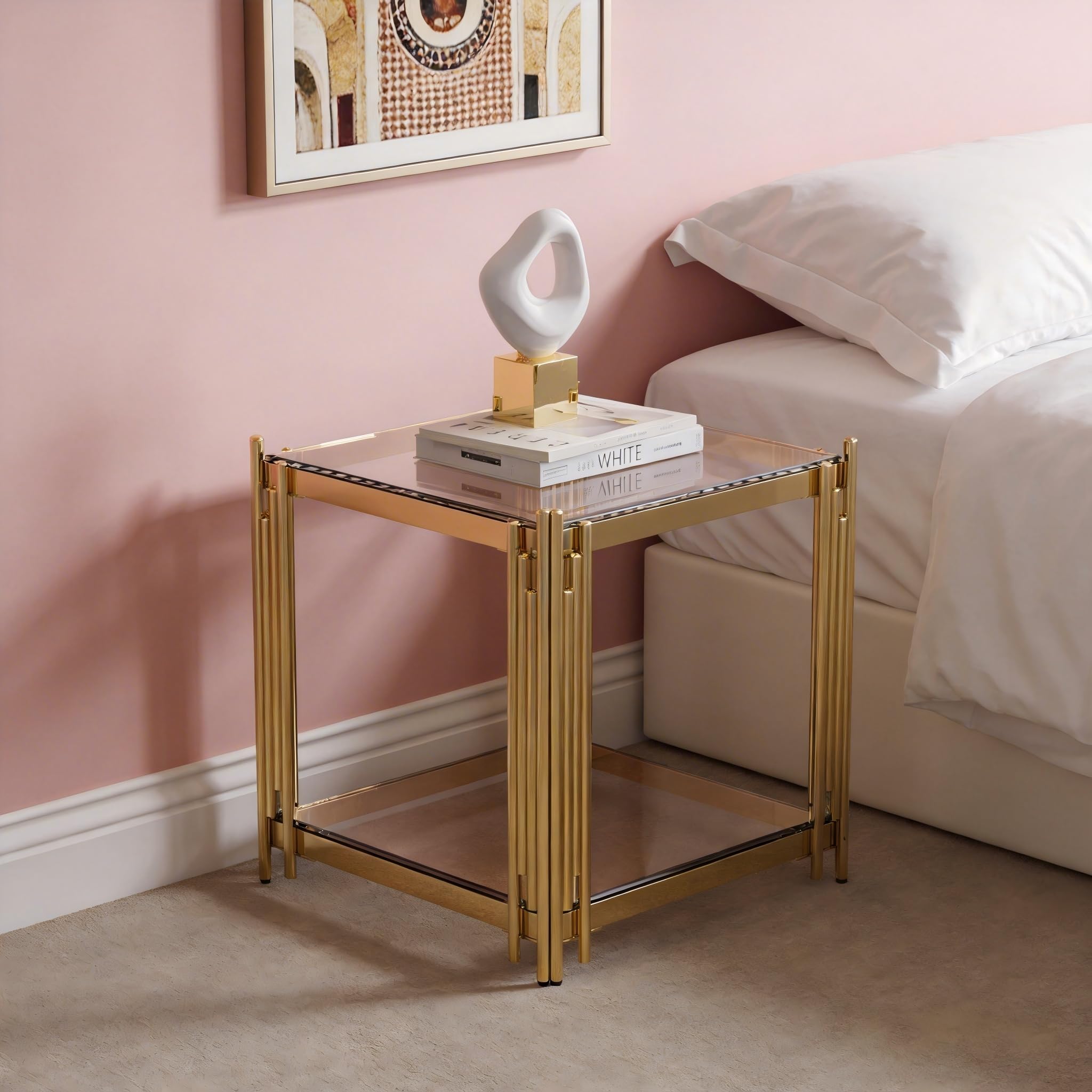 Luxury Gold Square Glass End Table, 19.7" Modern Side Table with Stainless Steel Irregular Leg Clear Tempered Glass Tabletop, Accent Furniture for Living Room, Clear