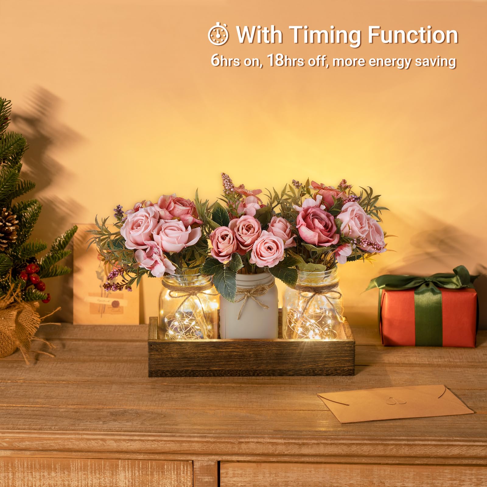 Mkono Mason Jar Lights Centerpiece Table Decor for Dining Room Farmhouse Wood Tray with 3 Jars Flowers Valentines Day Decoration for Coffee Table Kitchen Living Room Wedding