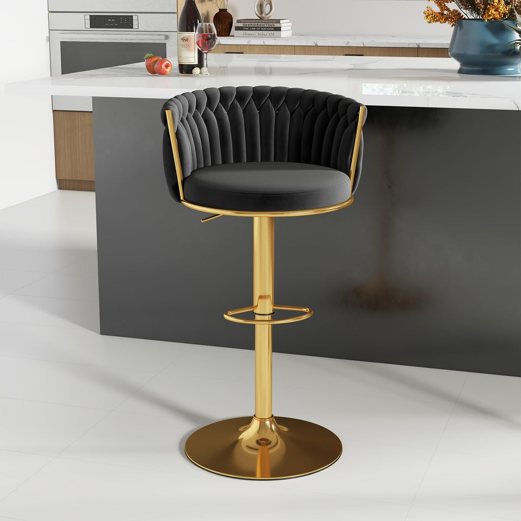 ABET Gold Bar Stool Set of 2, Velvet Swivel Barstools, Height Adjustable Counter Stools with Woven Back, Upholstered Modern Luxury Kitchen Stools with Footrest for Cafe, Pub, Black
