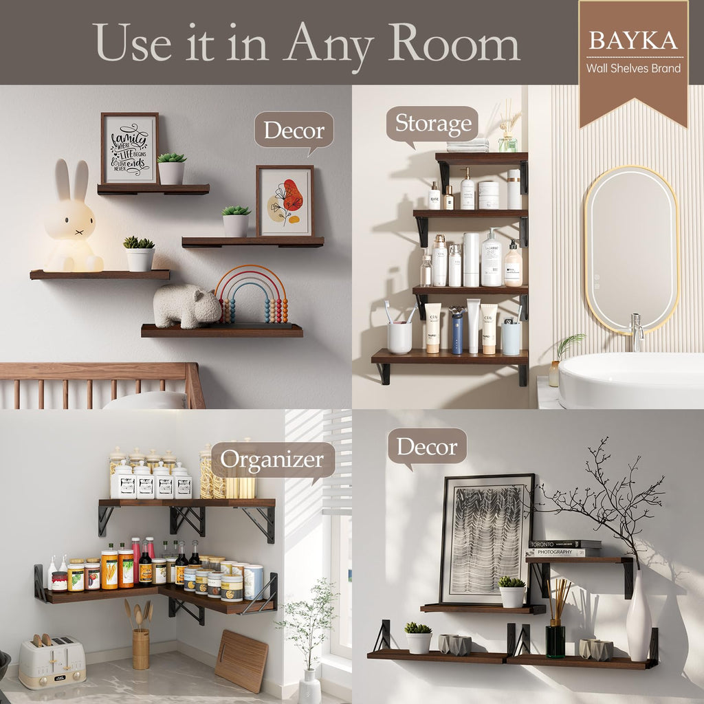 BAYKA Floating Shelves for Bedroom Decor, Wall Shelves for Storage, Wall Mounted Rustic Wood Floating Shelf for Books,Corner Shelf for Bathroom,Kitchen,Living Room(Black and Gold，Set of 4)