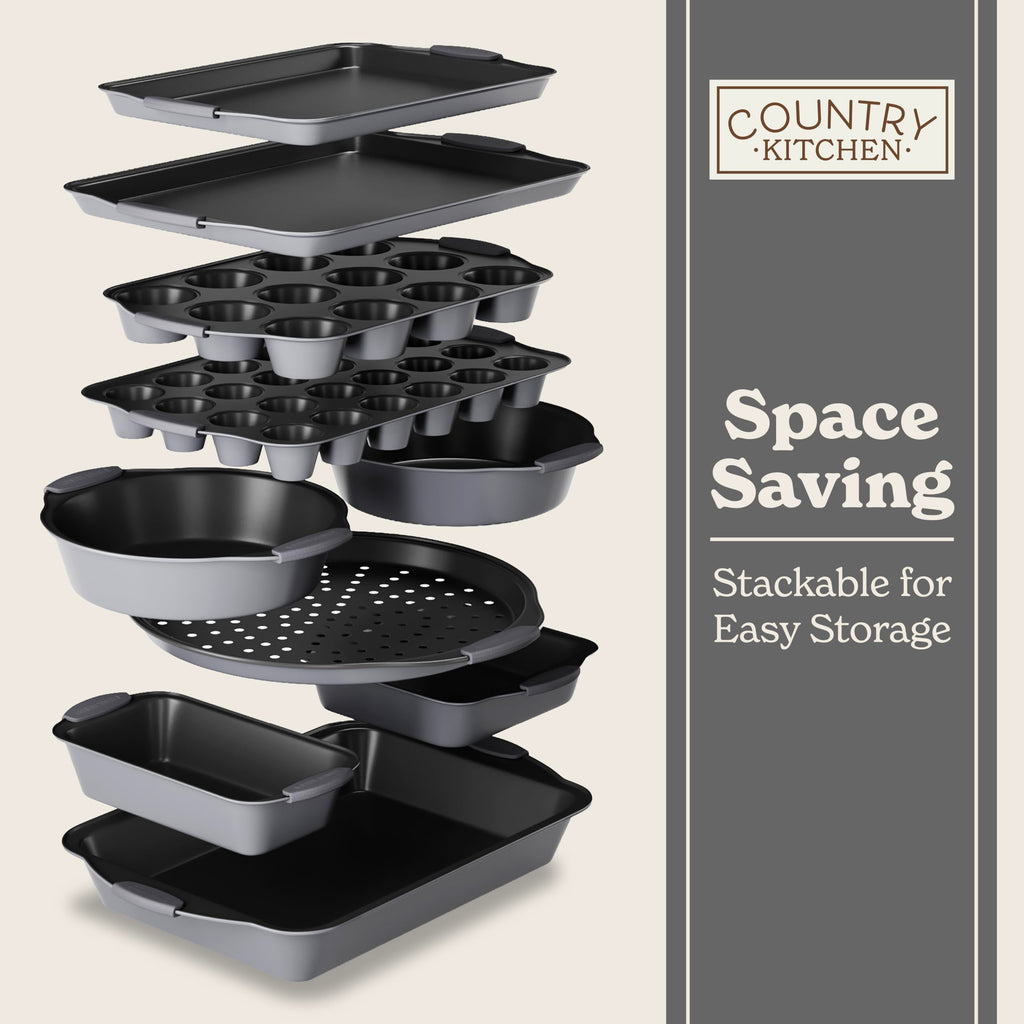 Country Kitchen Nonstick Stackable Bakeware Set - Durable, Easy Release Baking Set- 22 Pc. Includes Silicone Muffin Cups