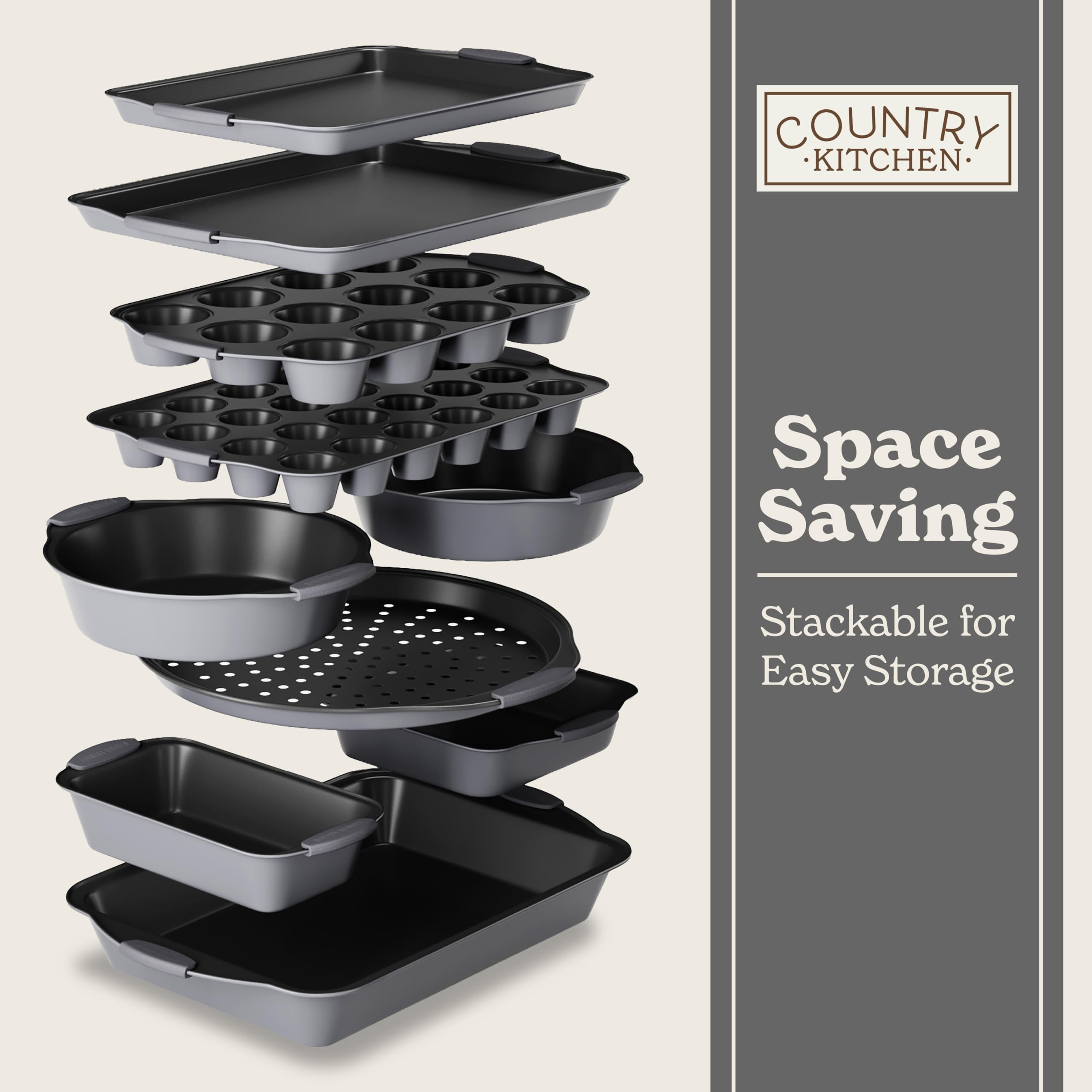 Country Kitchen Nonstick Stackable Bakeware Set - Durable, Easy Release Baking Set- 22 Pc. Includes Silicone Muffin Cups