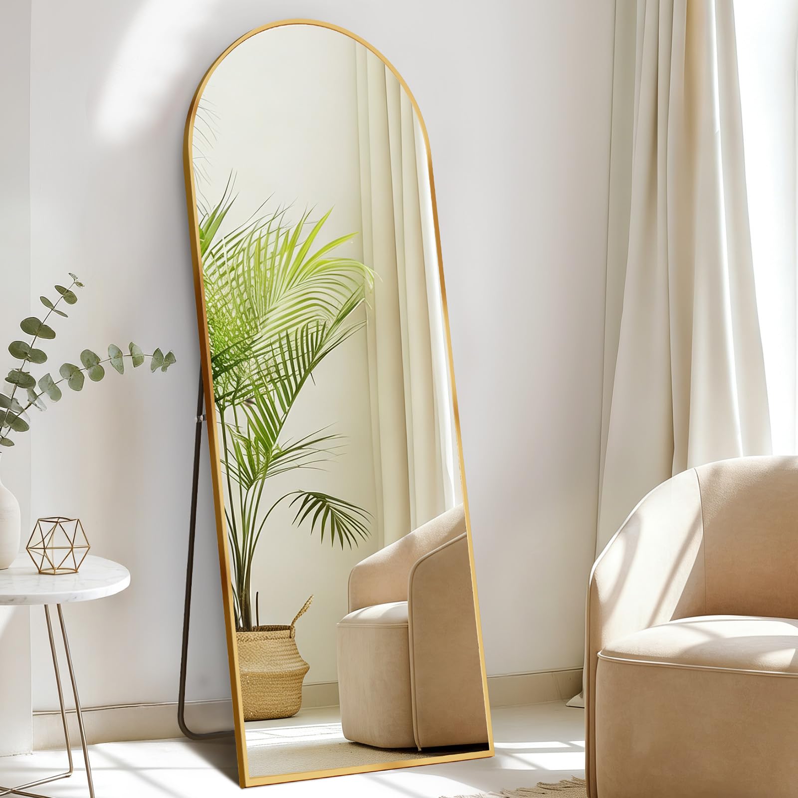 DUMOS Arched Full Length Mirror with Stand 64"x21" Floor Standing Aluminum Frame for Bedroom Body Hanging Leaning Modern Simple Home Decor Shatter-proorf Nano Glass Wall Living Room Cloakroom Black