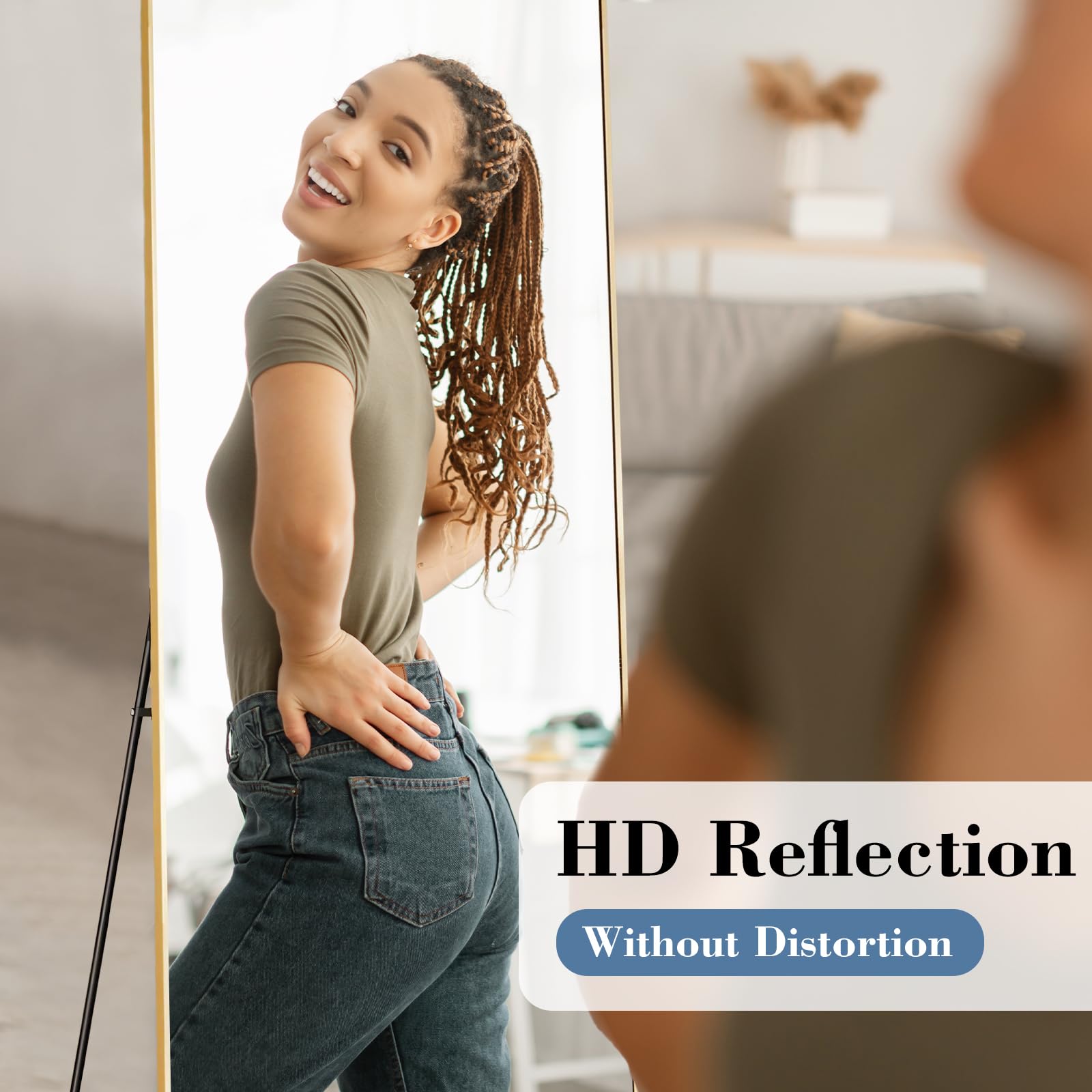 DUMOS Arched Full Length Mirror with Stand 64"x21" Floor Standing Aluminum Frame for Bedroom Body Hanging Leaning Modern Simple Home Decor Shatter-proorf Nano Glass Wall Living Room Cloakroom Black