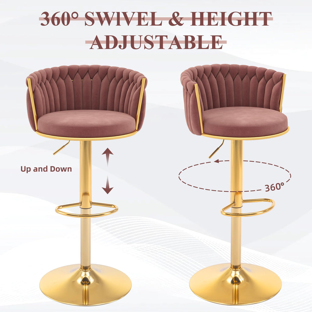 ABET Gold Bar Stool Set of 2, Velvet Swivel Barstools, Height Adjustable Counter Stools with Woven Back, Upholstered Modern Luxury Kitchen Stools with Footrest for Cafe, Pub, Black