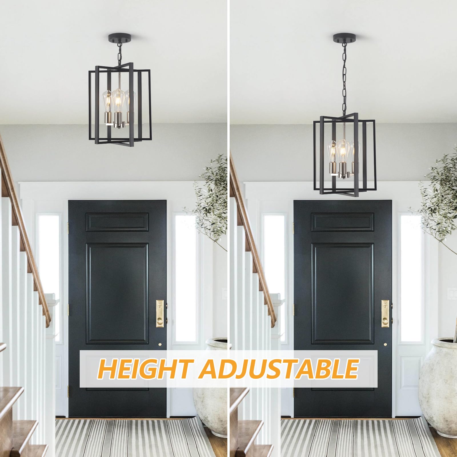 Black Gold Chandelier for Dining Room, Modern Farmhouse 3 Light Entryway Pendant Light Fixture Adjustable Geometric Industrial Rustic Foyer Light for Living Room Kitchen Island Hallway Bedroom