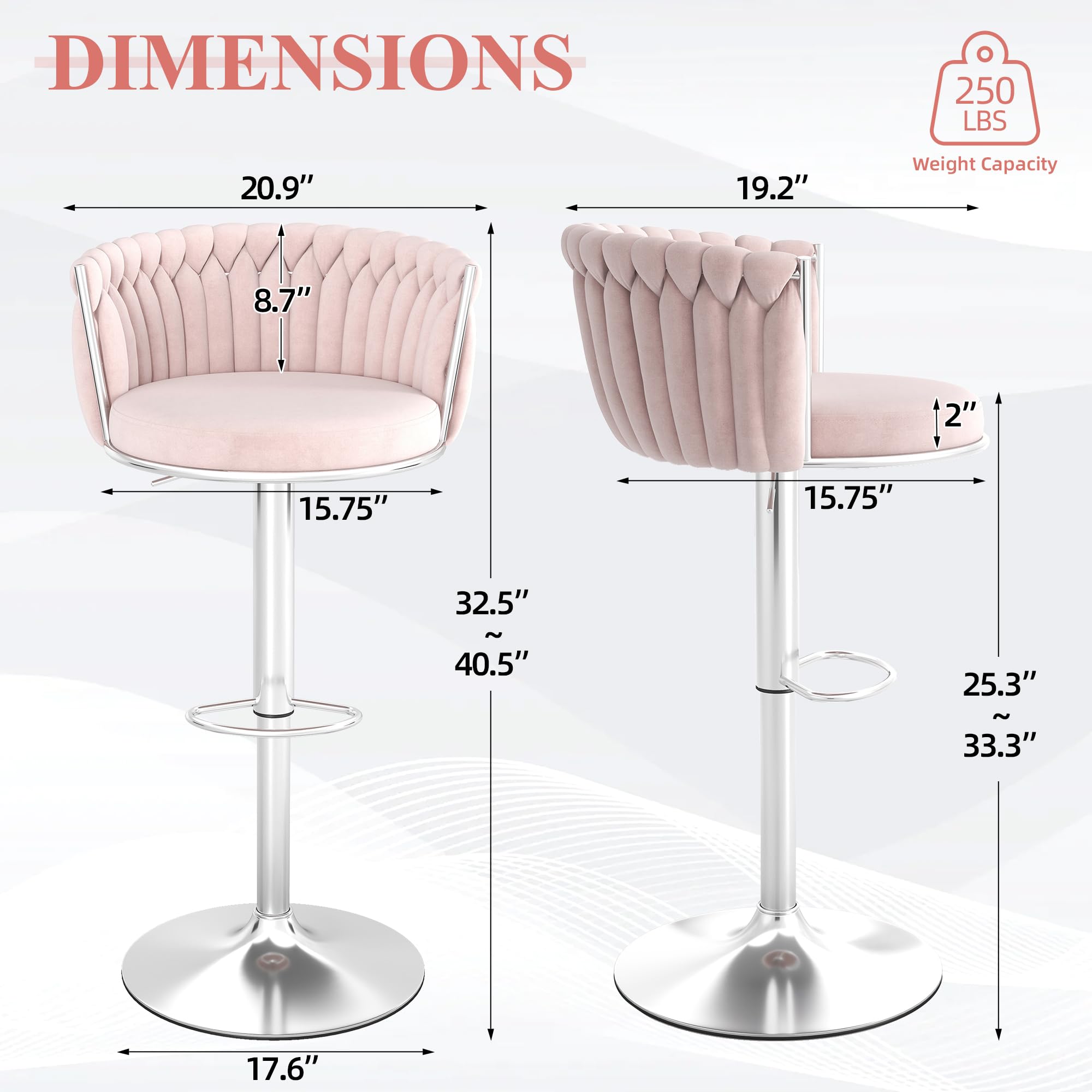 ABET Gold Bar Stool Set of 2, Velvet Swivel Barstools, Height Adjustable Counter Stools with Woven Back, Upholstered Modern Luxury Kitchen Stools with Footrest for Cafe, Pub, Black
